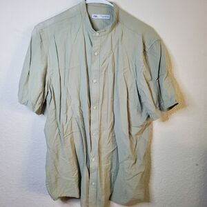 Zara Mens Tan Beige Button Front Dress Casual Short Sleeve Shirt Small Resort